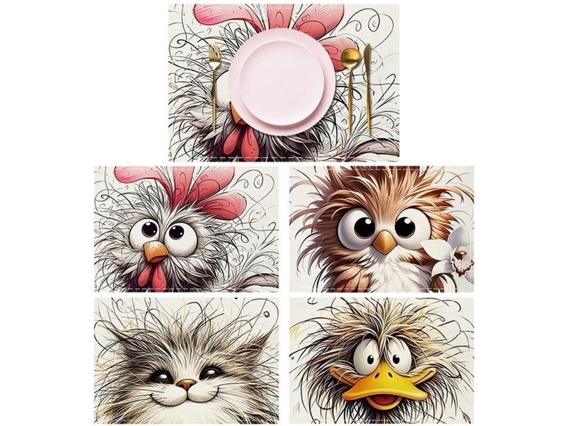Conjunto De Placemats De Animais - Conjunto De 4 - Lava E Usa - Anti-slip - Linho - 45 X 30 Cm - Impressão Digital Hd - Placemats