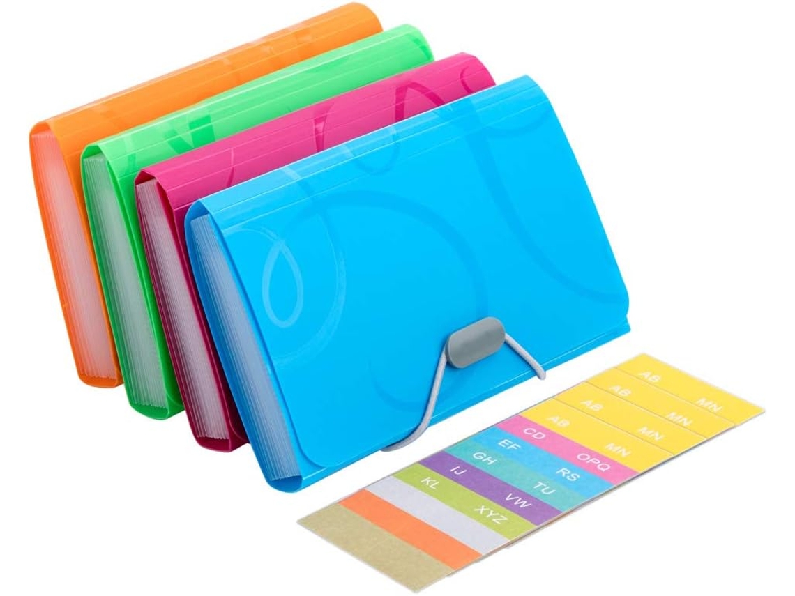 Pasta Sanfonada Expansível Enyiize Tamanho A6 com 13 Compartimentos, Organizador de Documentos Portátil em Plástico, Pacote com 4 Unidades BRILVIBERA