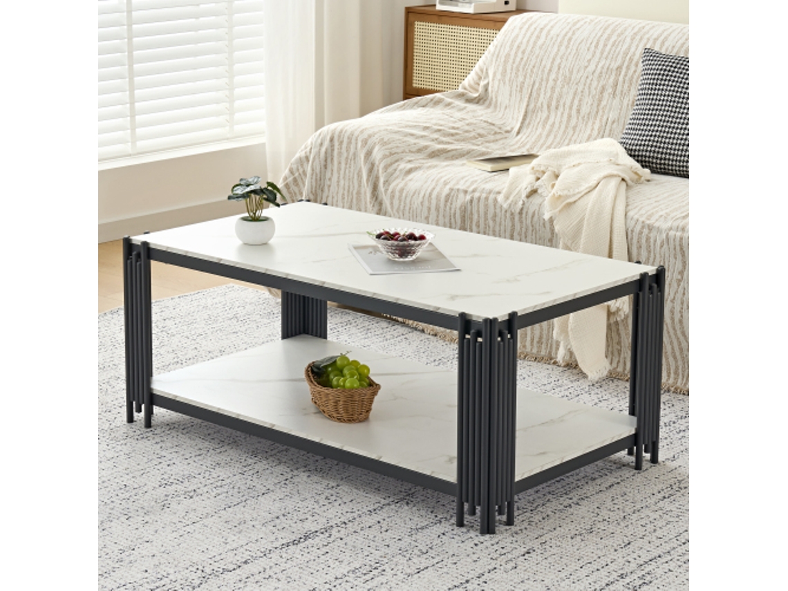 Mesa De Centro Retangular Pés Metal, Tampo Mármore, Branco+preto, 114x64x46 Cm.