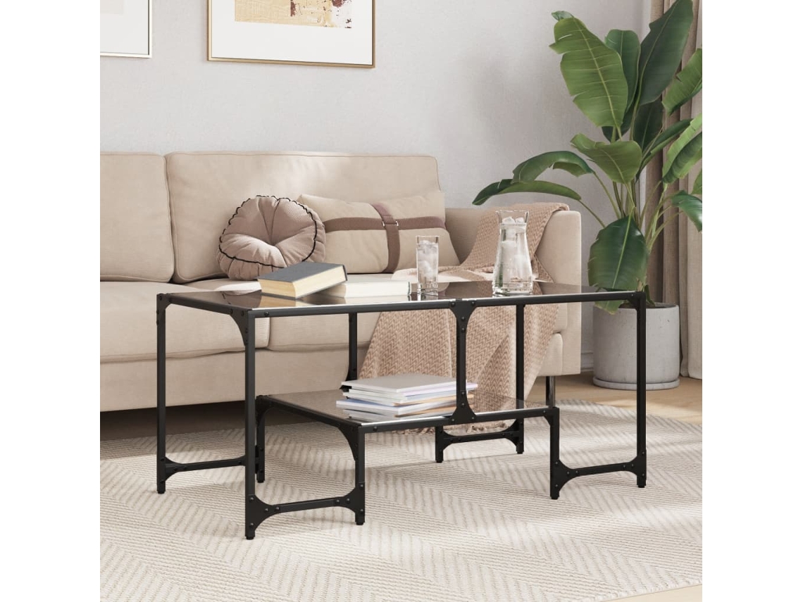 Vidaxl Mesa De Centro Com Topo Em Vidro Preto 98,5x50x45 Cm Aço