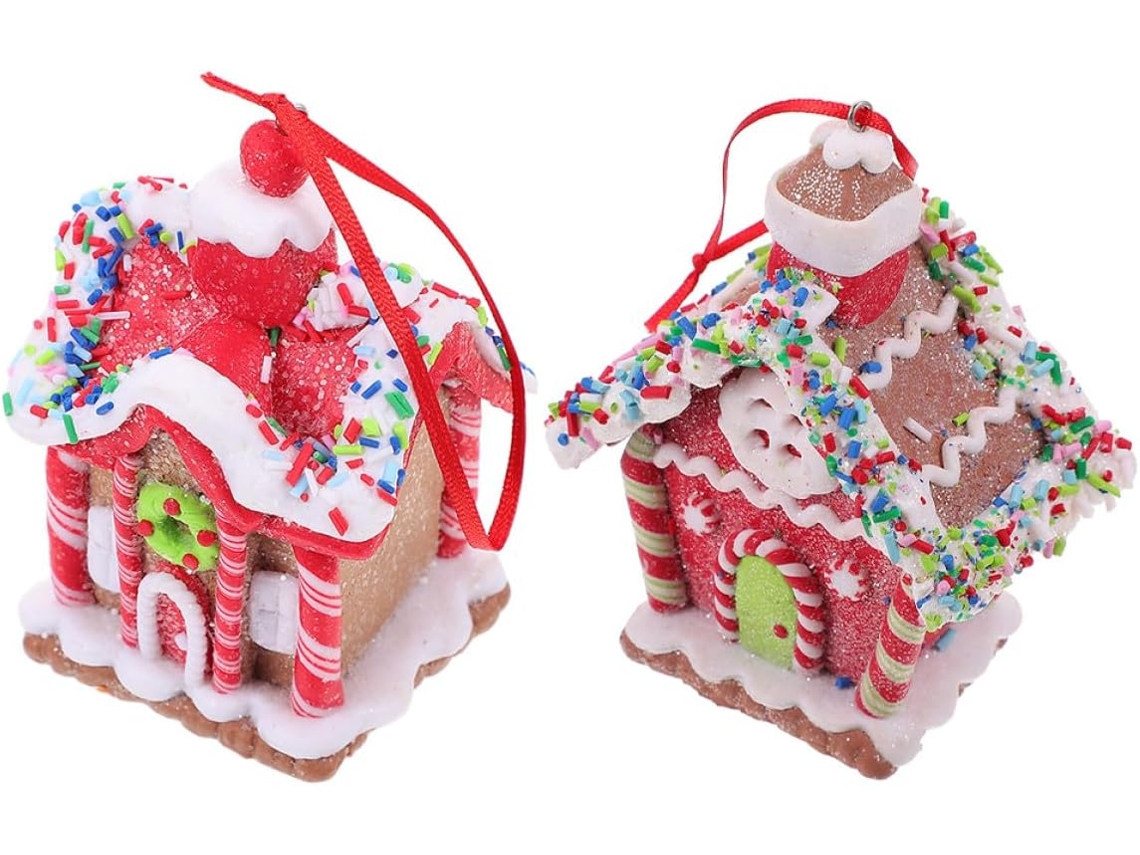 Conjunto 2 Enfeites Natal Pendurar Casinha Doces Resina Decoração Interna Festas Árvores Ambiente Festivo GOKOCO