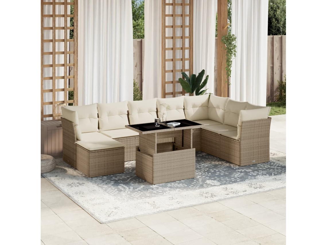 Vidaxl 9 Pcs Conjunto De Sofás P/ Jardim Com Almofadões Vime Pe Bege