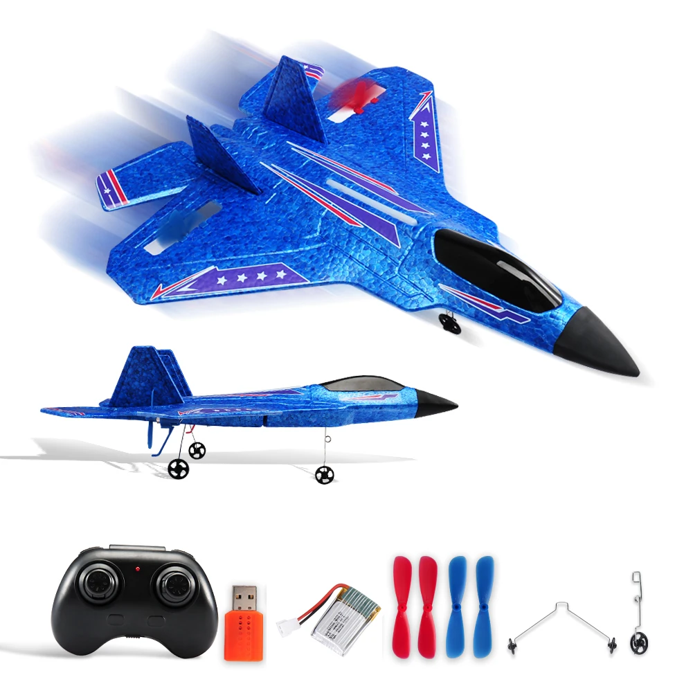 (azul) Planador F22 Raptor 2.4g de 2 canais com controle remoto e luzes LED