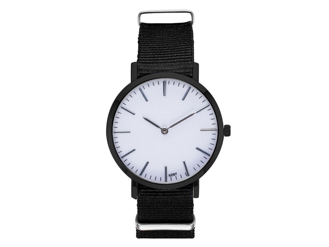 Relógio de casal moderno com pulseira de nylon, mostrador redondo, movimento de quartzo, unissex (preto)