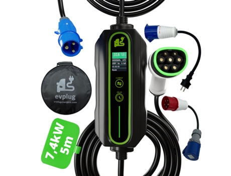 Carregador Portátil EVPLUG® EV PHEV Carro Eléctrico + 2 Adaptadores + Temporizador (Tipo 2 | 5m, 7,4kW | 32A)