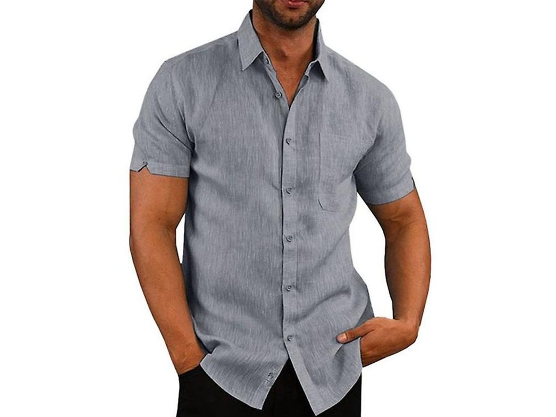 Camisa Casual Masculina De Algodão E Linho Com Listras, Manga Curta, Para Verão/primavera, Estilo Diário Cinza