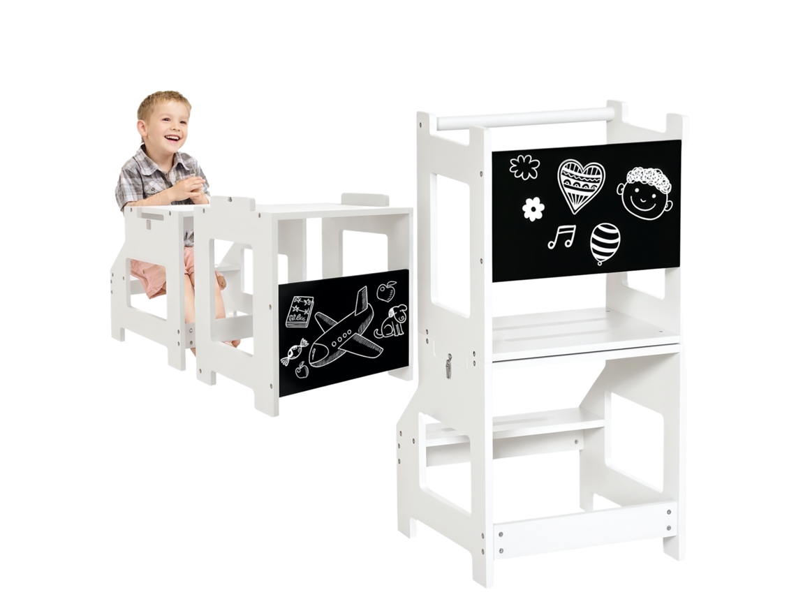 Torre de Aprendizagem 2 em 1 Conversível em Mesa com Quadro Negro e Barra de Segurança 42x44x86 Cm Branco Ge