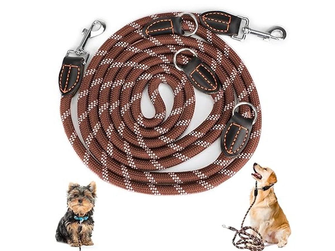 Trela Para Cachorros De Grande E Médio Porte, Com Corda Dupla De Náilon Ajustável, 2 Mosquetões 3 Argolas, Metros X 15 Mm, Ergonômico, Us...