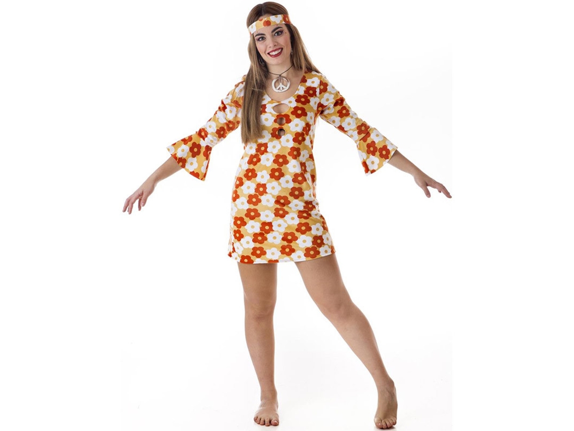 Fato de Mulher CREACIONES LLOPIS Hippie Vestido Laranja com Flores (Tam.: L)