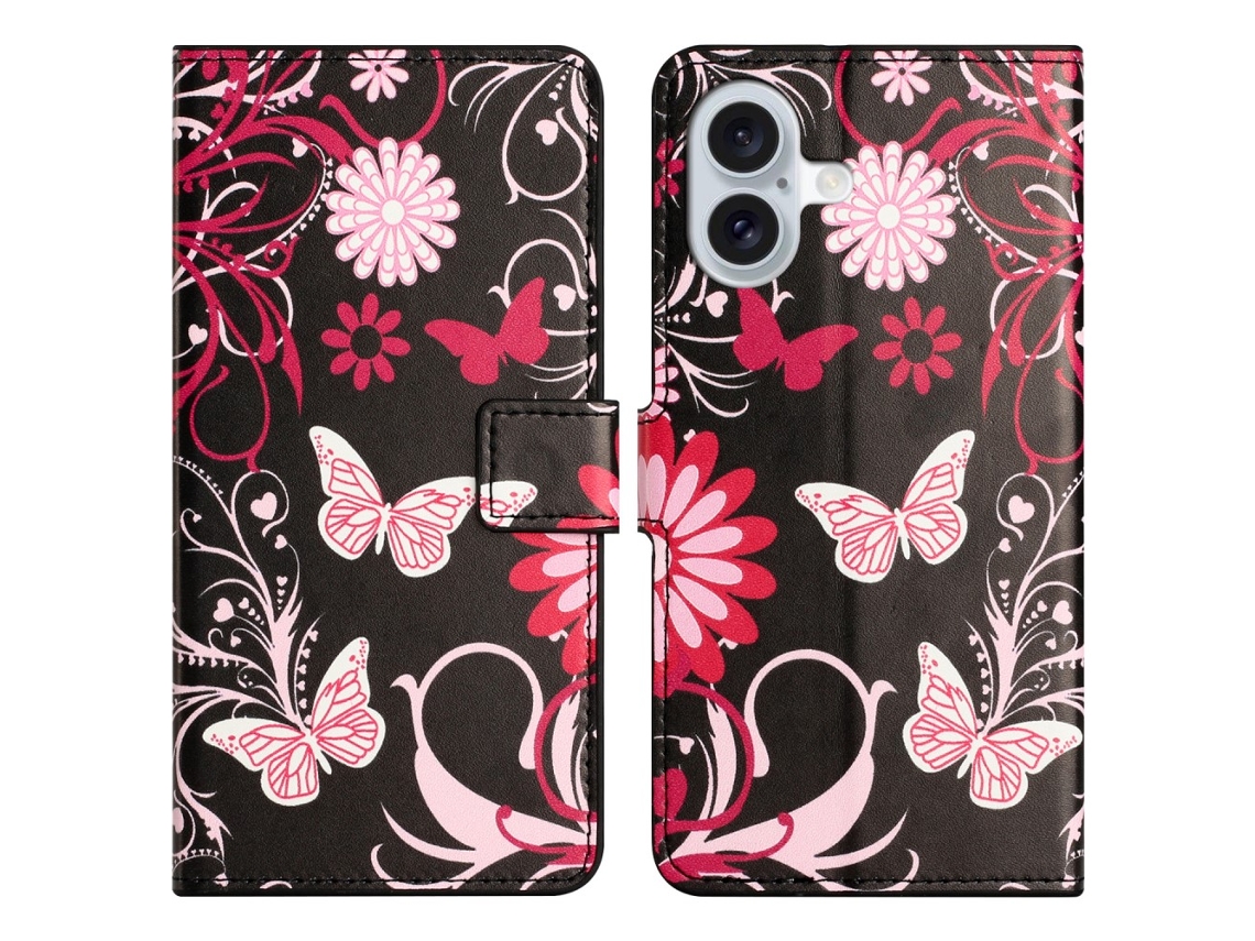 Capa Em Couro Pu Para Apple Iphone 16 Plus - Borboleta Negra