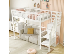 Cama Alta Infantil De 90x200 Cm Com Escada, Prateleira E Pequeno Guarda-roupa, Madeira Branca.