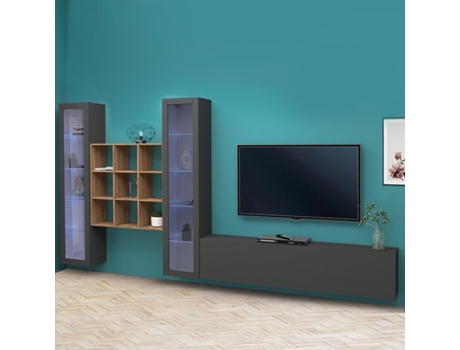 Móvel Sala de Estar Tv Parede 2 Vitrinas Estante Madeira Cinzenta Onir Rt WEB FURNITURE