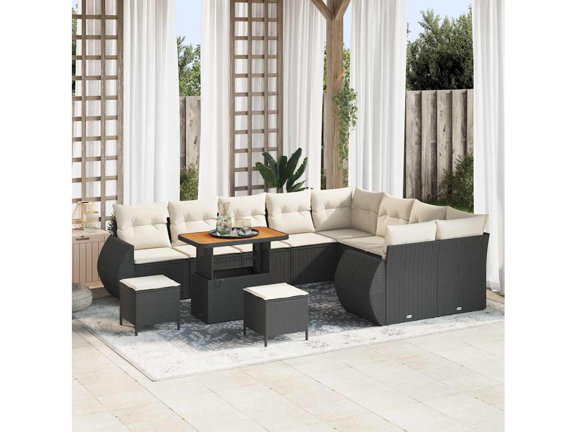 Vidaxl Conjunto De Sofá De Jardim Com Almofada 12 Pcs Preto E Creme