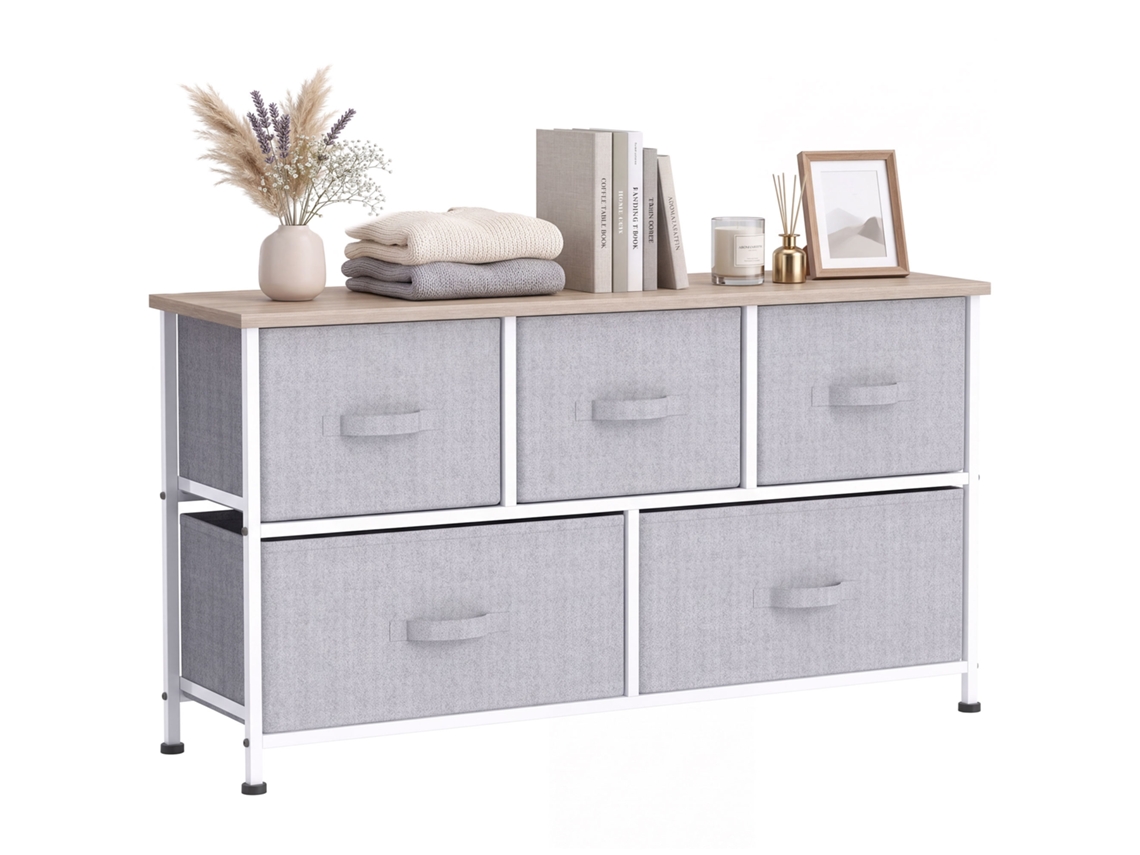 Cômoda 5 Gavetas Tecido Metal Quarto Cinza