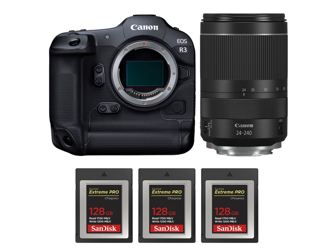 Eos R3 + Rf 24 240mm F/4 6.3 Is Usm + 3 Sandisk 128gb Extreme Pro Cfexpress Type B + Ebook “20 Dicas para Fotos Que Impressionam” CANON
