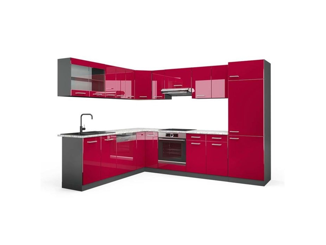 Cozinha de canto R-Line, 227 x 287 cm, Mármore PT, Bordeaux alto brilho/antracite, Vicco
