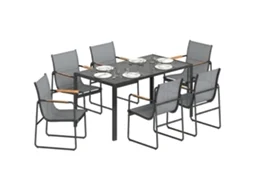 Conjunto de mesa e cadeiras de jardim com mesa de vidro temperado e 6 cadeiras transpiráveis cinza BTFORUS