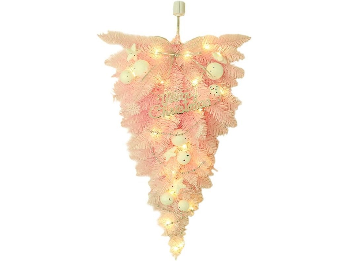 Árbol De Navidad Artificial Mini Colgado De Pared Rosado Invertido Con Luces