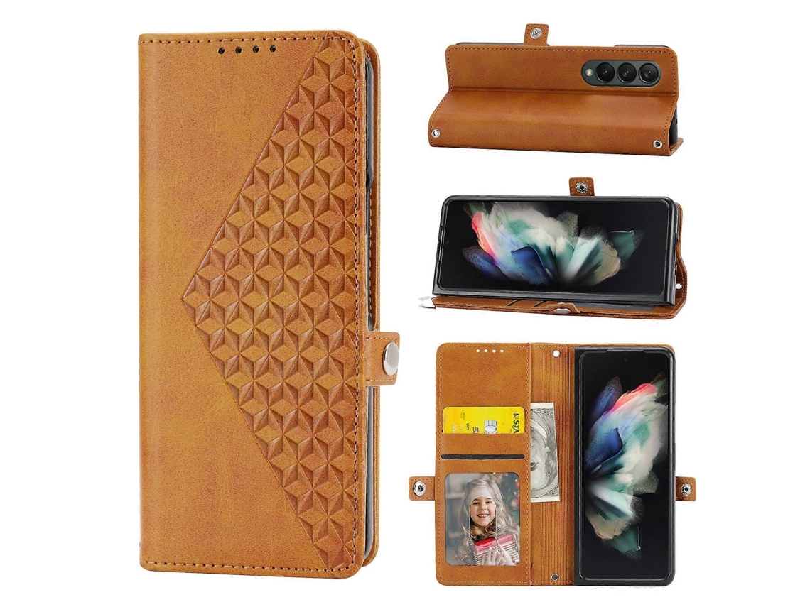 Capa Para Samsung Galaxy Z Fold4 Em Couro Com Textura De Grade Cúbica