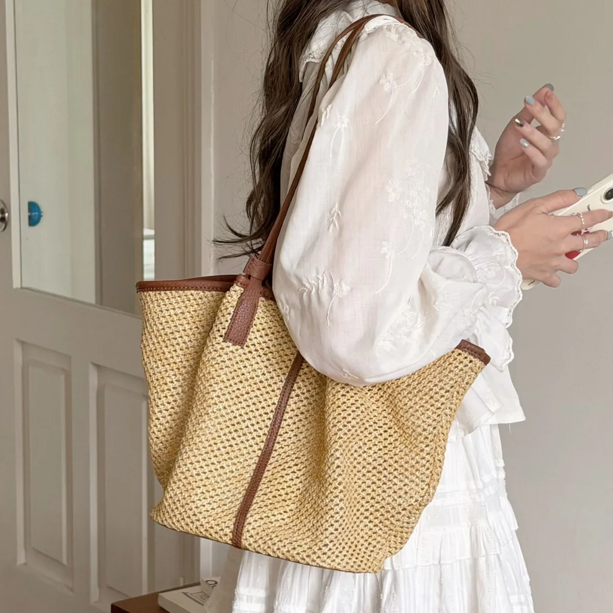 Bolsa De Ombro Feminina Em Palha Trançada (marrom), Carteira E Bolsa De Mão Modernas Para O Verão.