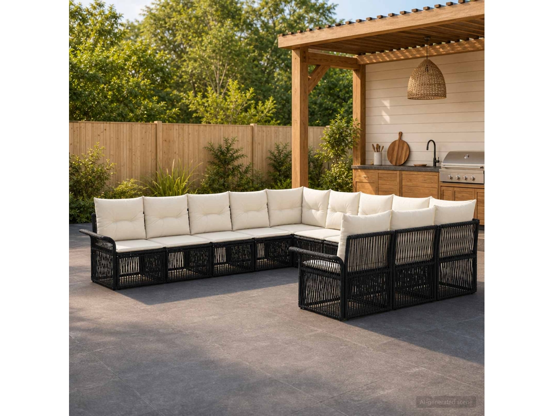 Vidaxl Conjunto De Sofá De Jardim 11 Pcs Preto Vime Pe