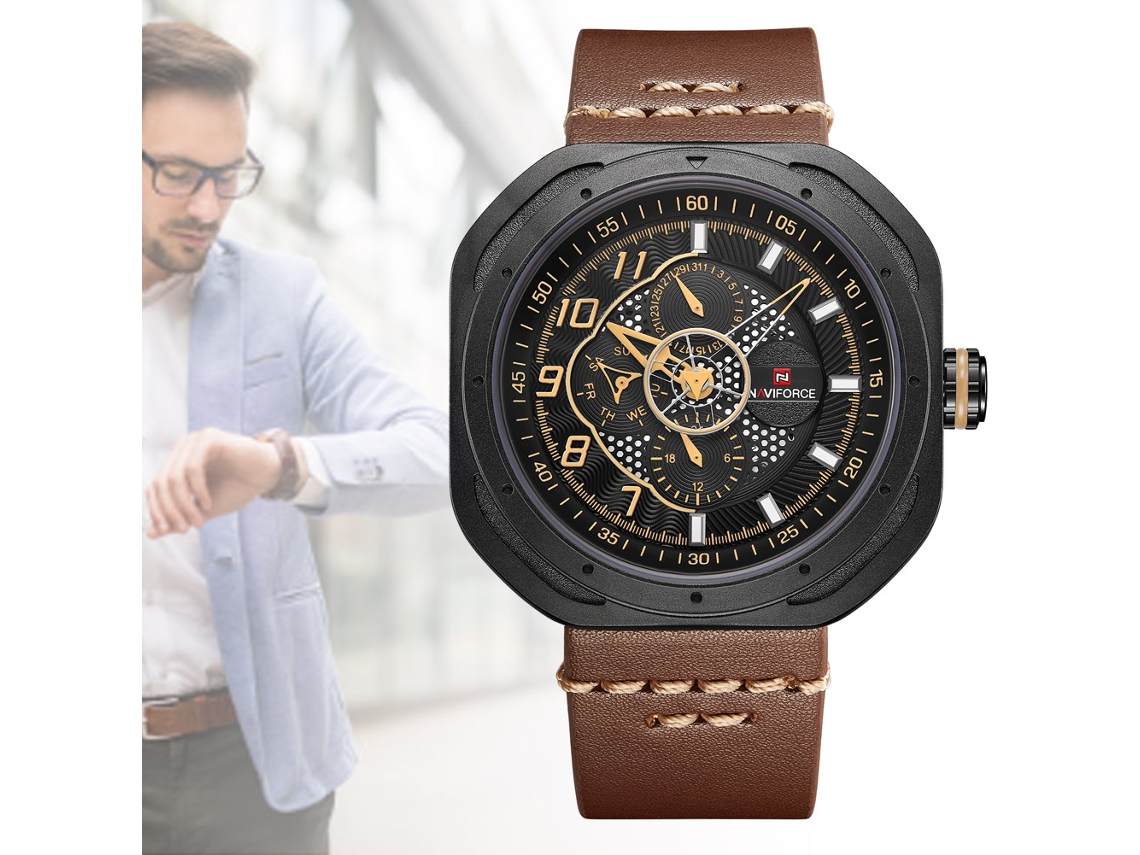 Relógio Masculino Naviforce de Quartzo Impermeável com Pulseira Pu Estilo Fashion