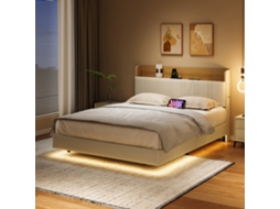 Cama De Casal Estofada 140 X 190 Cm Com Espaço De Arrumação Hidráulica, Cama Funcional Com Led E Estação De Carregamento Usb, Pu Branco, Sem Colchão