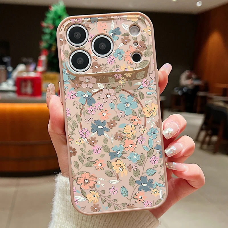 Capa Magnética Rígida Para Iphone 14 Com Estampa Floral Romântica (dourada).