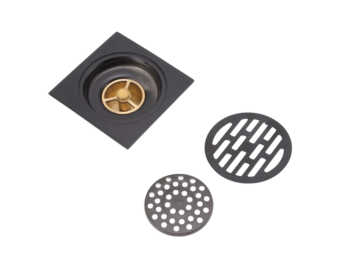 Ralo de Piso Estilo Europeu Antigo em Aço Inoxidável e Cobre, Grelha Quadrada para Chuveiro, Ideal para Varanda e Cozinha, Cor Preta. AQUAFORGE