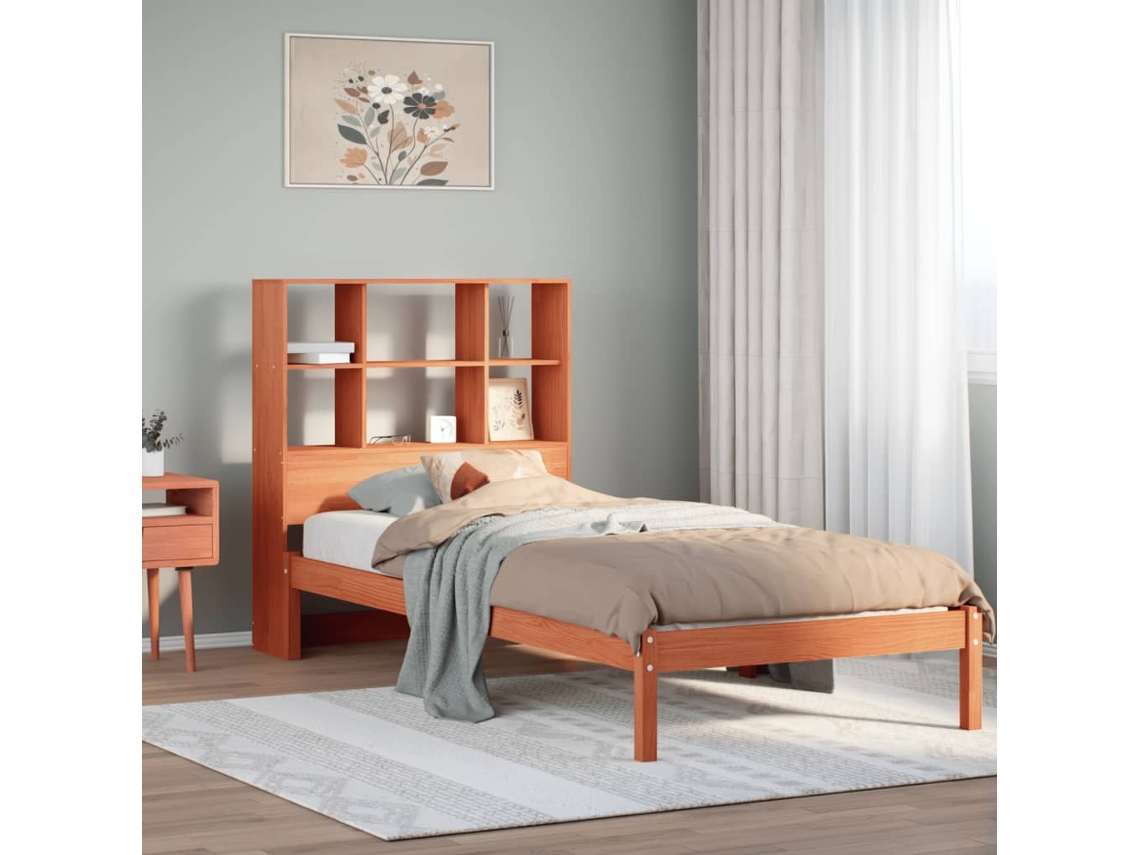 Cama C/ Estante Sem Colchão 100x200cm Pinho Maciço Castanho-mel