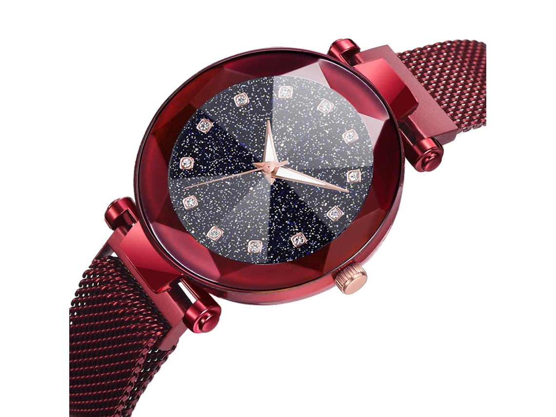 Relógio de Pulso Feminino de Quartzo com Pulseira de Malha e Botão Magnético Vermelho