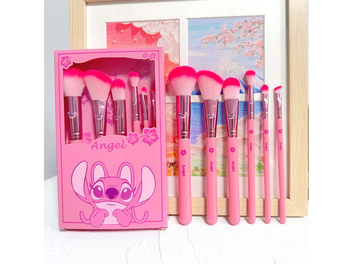 Conjunto de 6 Pincéis de Maquiagem Rosa do Desenho Animado Stitch, Feitos de Madeira. MDUG