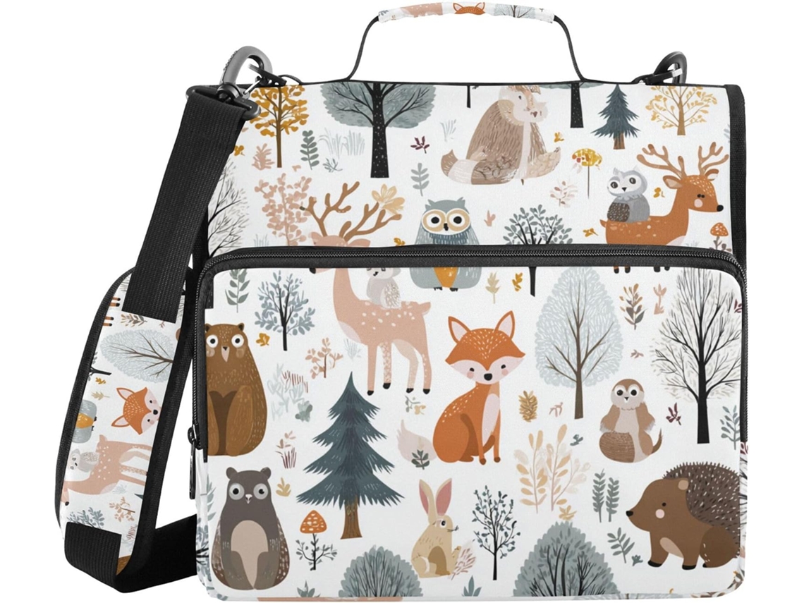 Pasta com estampa de árvores da floresta, bolsas extras, alça de ombro, diversas bolsas de 3,8 cm, bolsa