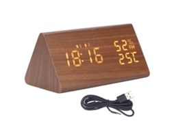 Reloj Despertador Digital Led de Madera Con Control por Voz, Humedad, Temperatura Y Hora Semanal Marrón