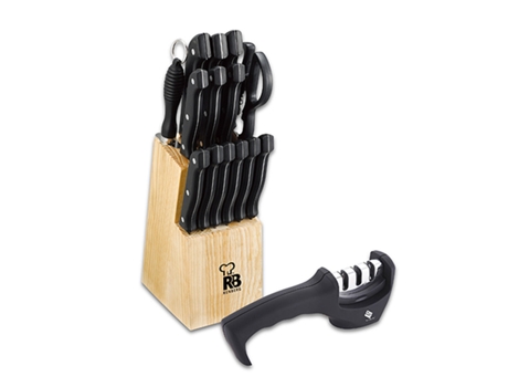 Conjunto de Facas de Cozinha e Suporte RENBERG Tenessy Rb Preto Madeira Aço Inoxidável Plástico 15 Peças