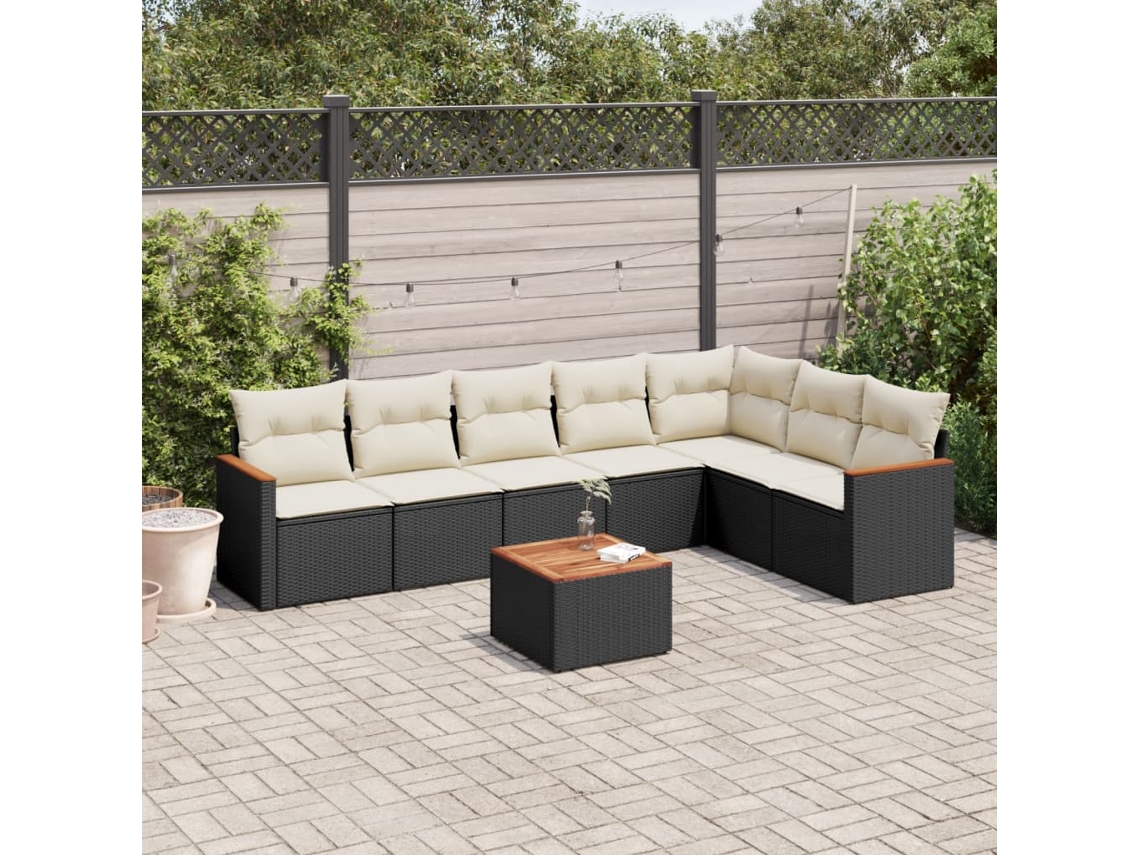 Vidaxl 8 Pcs Conjunto Sofás De Jardim Com Almofadões Vime Pe Preto