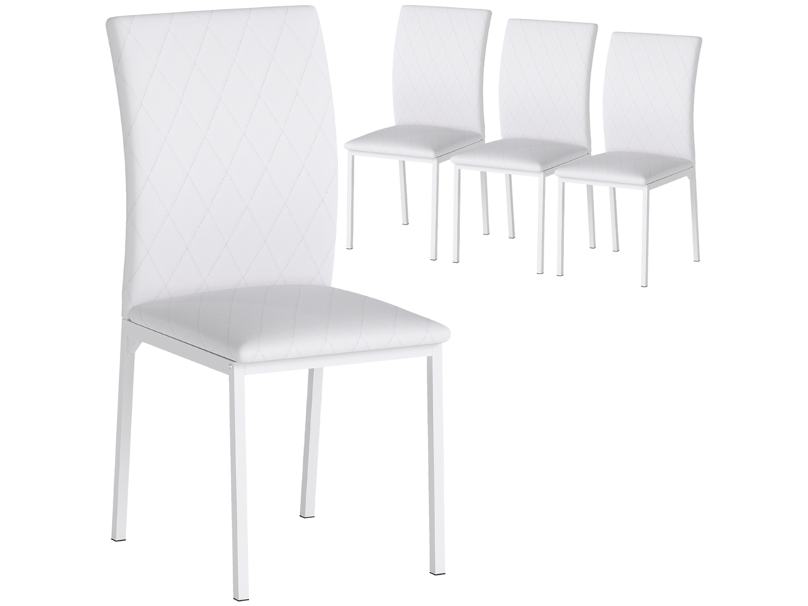 Lote de 4 Cadeiras de Jantar e Cozinha, estofado Romboidal, pés de Metal, 41x50x91cm, branco BTFORUS
