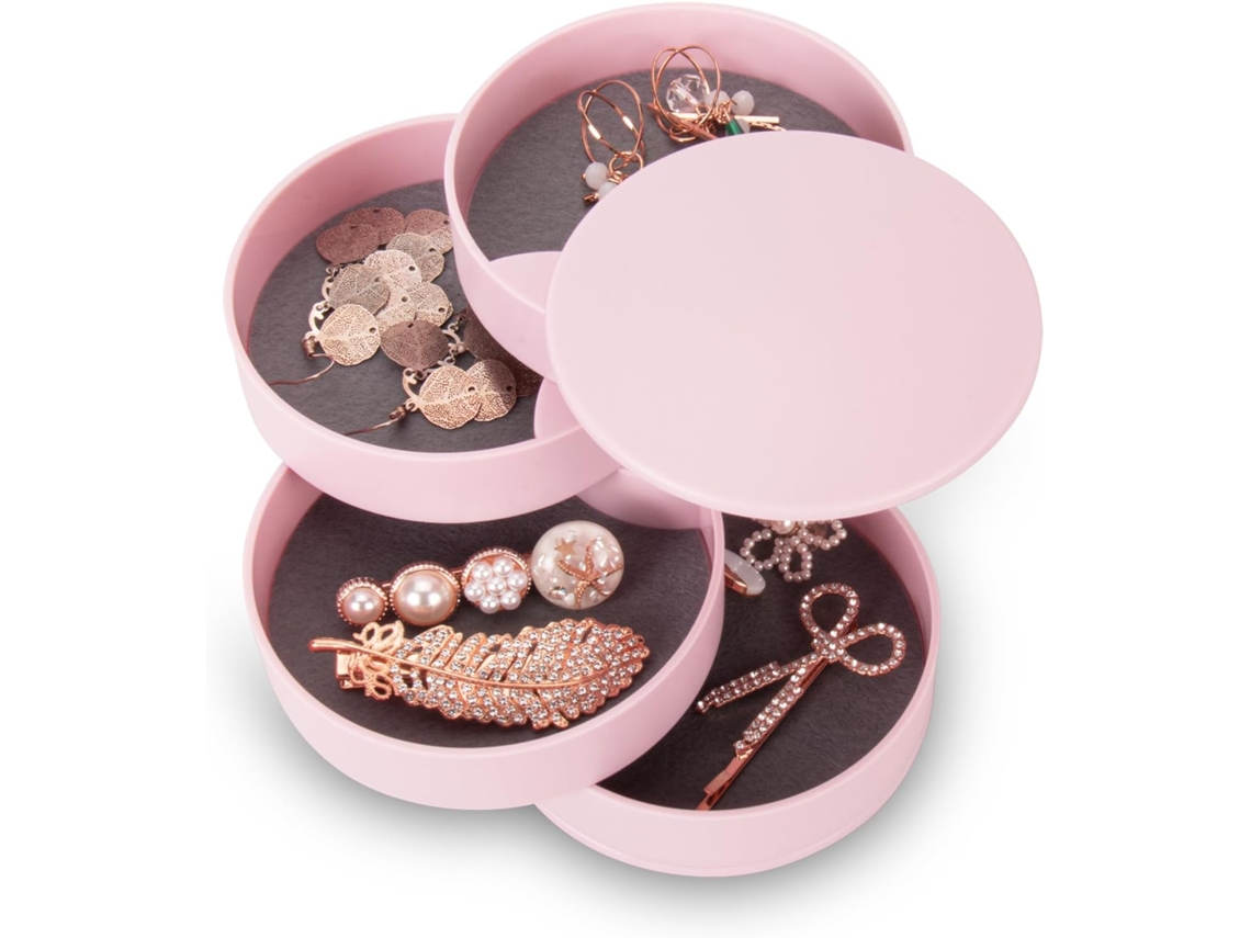 Joyero - Joyero Para Mujer - Cajón Para Joyas - 4 Niveles - Giratorio - Rosa - 10 Cm - Redondo