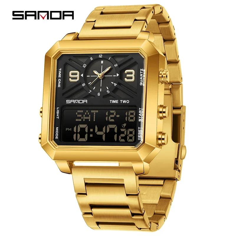 Relógio Masculino MDUG quadrado, esportivo, visor duplo, resistente à água (dourado e preto)