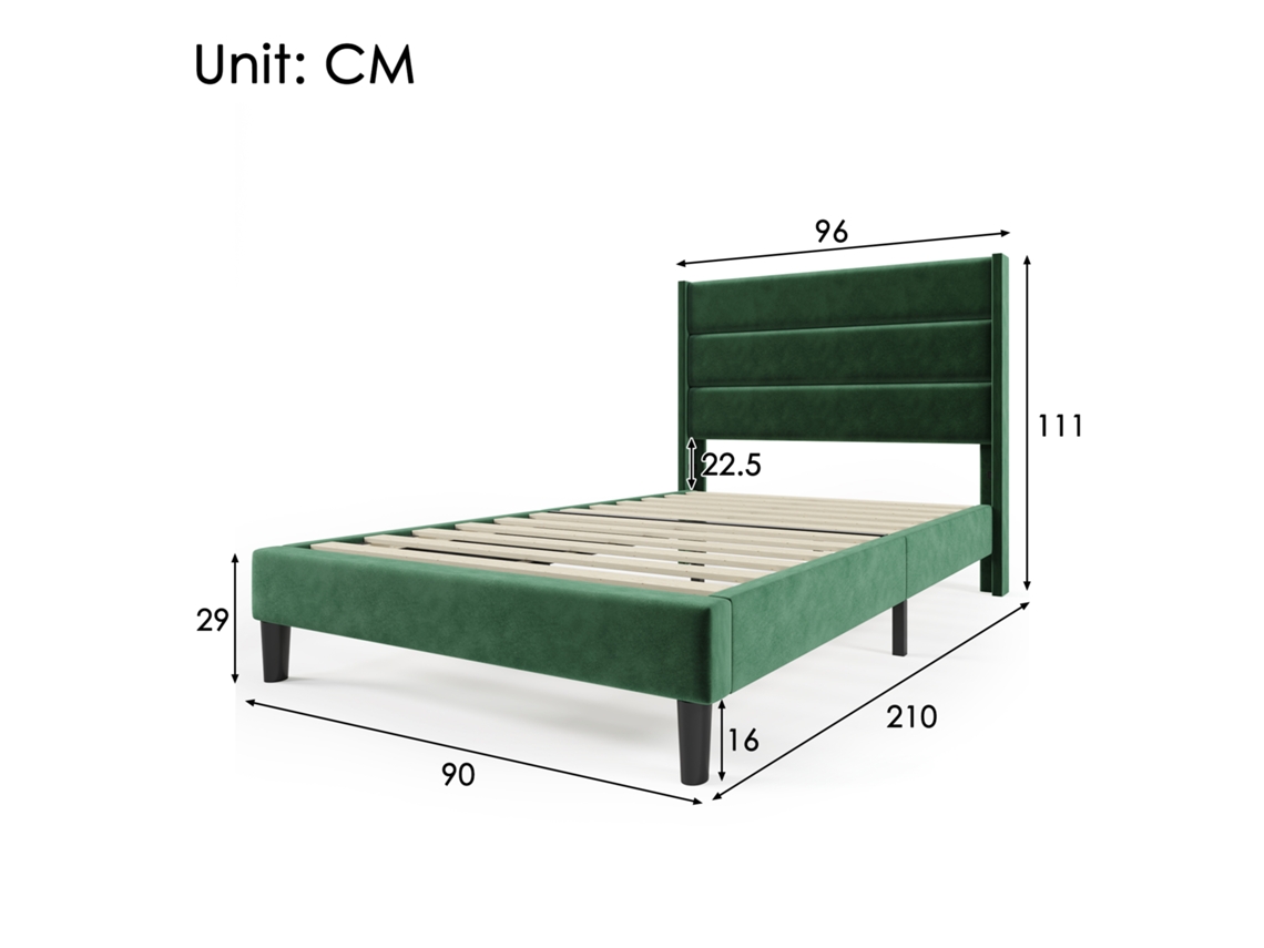 Cama Box 90x200 Cm Com Estofado, Cabeceira E Estrado, Design Moderno Atemporal Em Veludo Verde-escuro, Ideal Para Quartos Juvenis