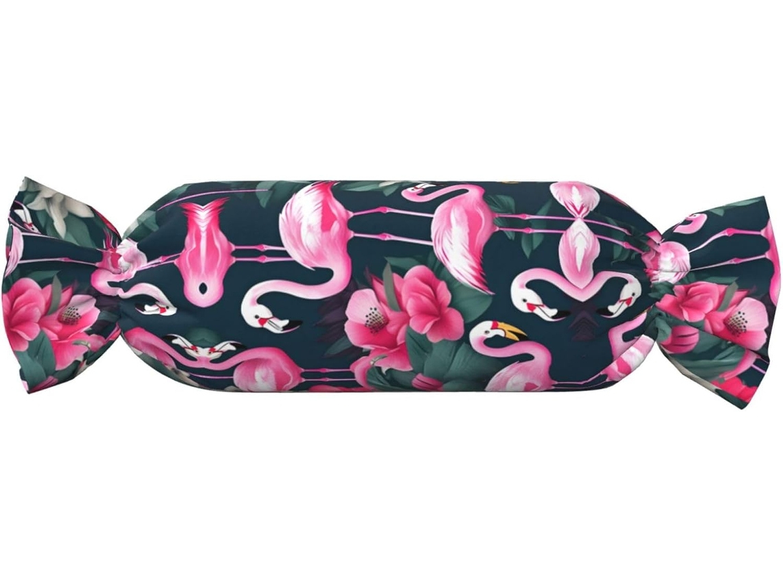 Almofada Cilíndrica Formato de Doce com Estampa Floral Rosa e Flamingos 100 % Poliéster Ideal para Viagens,