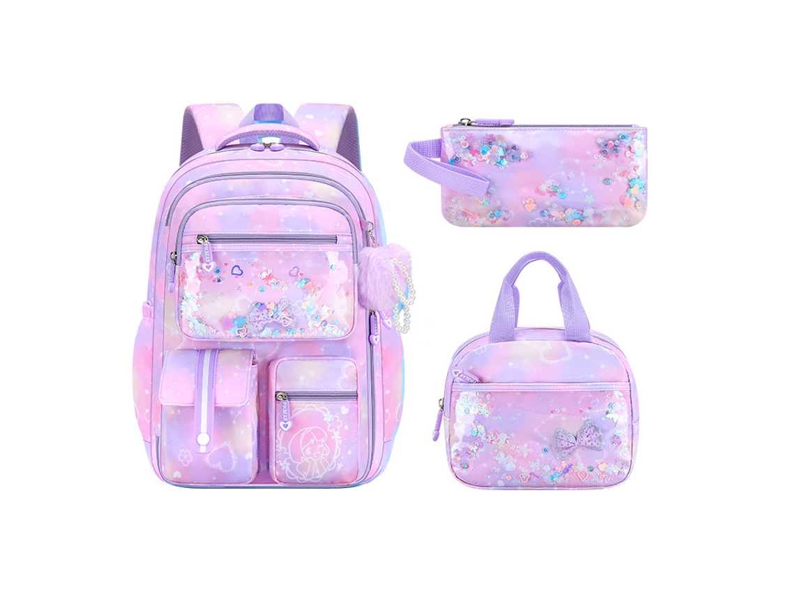 Conjunto De 3 Peças De Mochila Fofa, Mochila Escolar, 17 Polegadas, Adequada Para Escola, Viagens, Pernoites E Aventuras Diárias Roxa