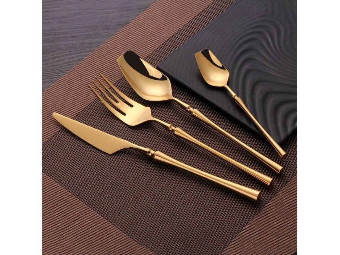 Conjunto de talheres de luxo Rebe-set em aço inoxidável, 4 peças, dourado e prateado, para refeições.