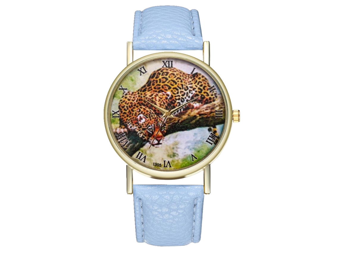 Reloj De Cuarzo Unisex Con Correa De Cuero Pu Moda Dial Leopardo Azul Claro