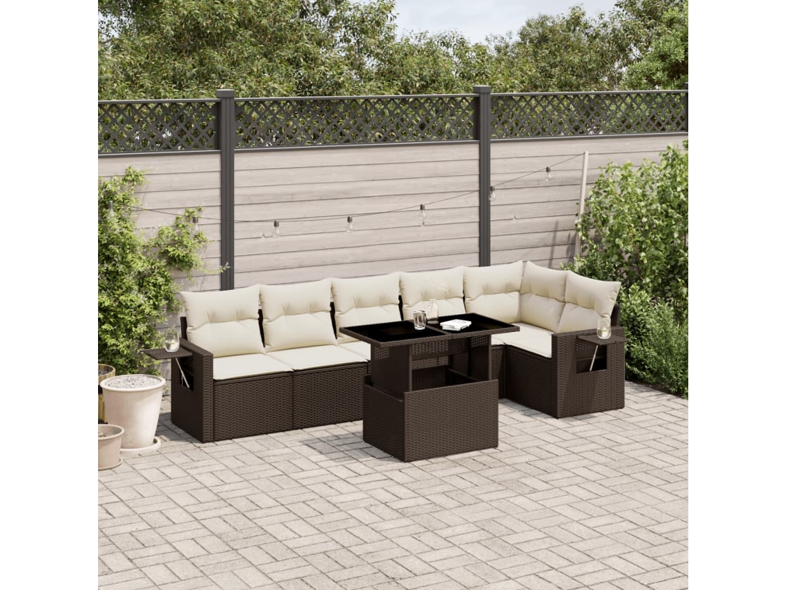 Vidaxl 7 Pcs Conjunto De Sofás Jardim C/ Almofadões Vime Pe Castanho