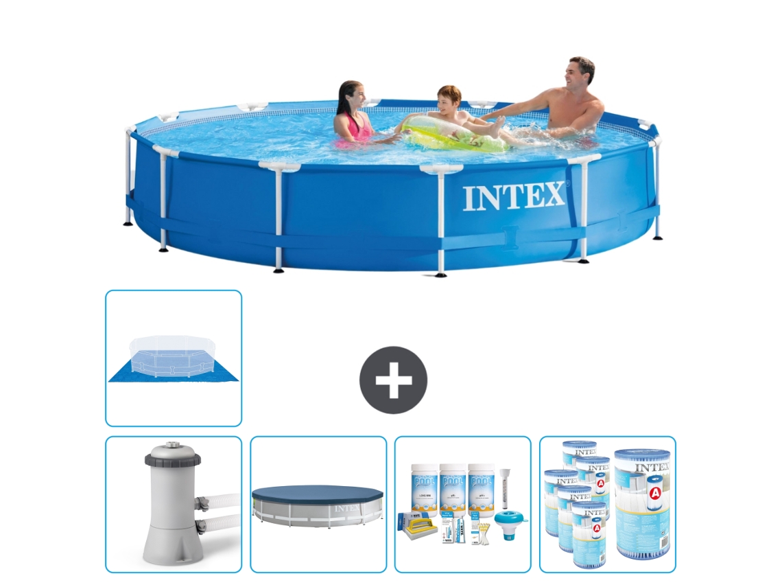 Piscina INTEX com Estrutura Redonda 366 X 76 Cm Azul Inclui Bomba Cobrir Pacote de Manutenção Filtros Folha de Base