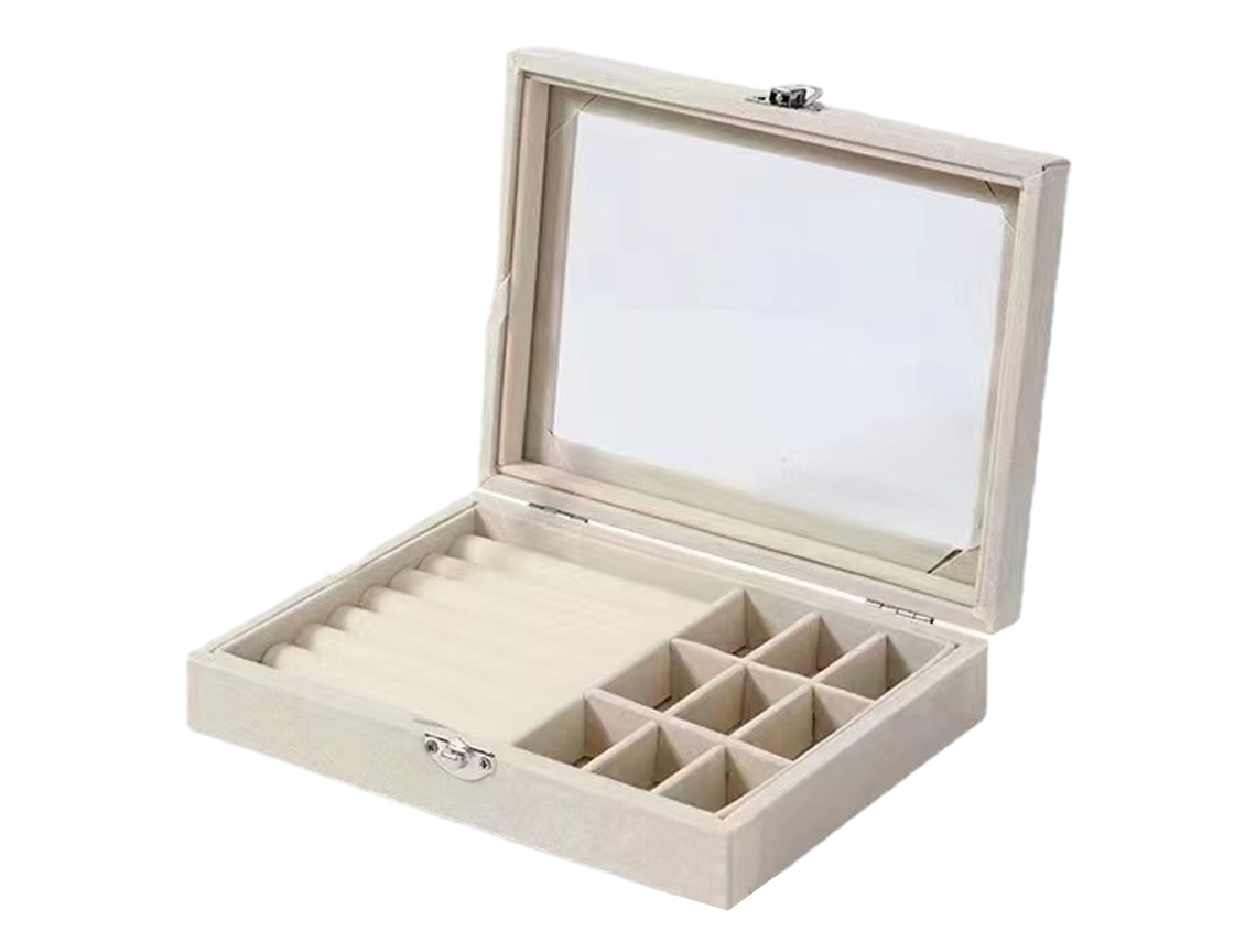 2 em 1 Caixa de Joias Organizador de Anel Titular Expositor Empilhável Vitrine Travável Bandeja de Armazenamento de Joias 20X15X5Cm Bege ZMDECQNA