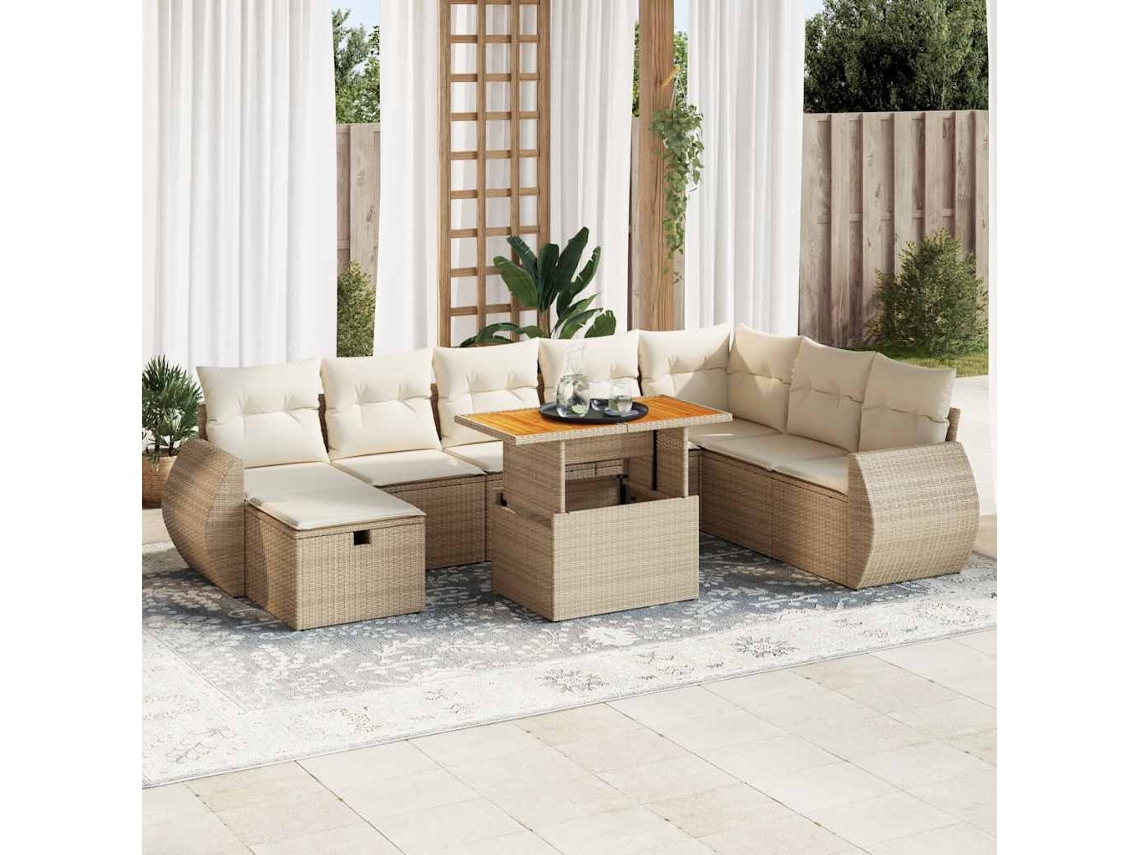 Vidaxl 9 Pcs Conjunto Sofás Jardim Com Almofadões Vime Pe/acácia Bege