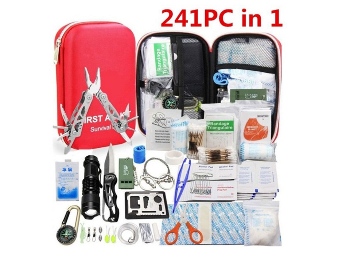 Kit Primeiros Socorros 241 Peças para Campismo,incluindo Ferramentas de Pesca e Sobrevivência. Vermelho HEXINYIGJLY