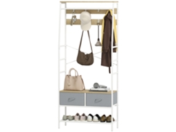 Móvel Cabide De Entrada Com Banco Sapateira 8 Ganchos 2 Gavetas De Tecido Barra Prateleira 80x30x180,5 Cm Branco E Madeira